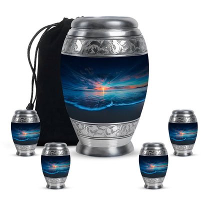 Pastel Blue Beach Cremation Urn detail view - ornate monarch-style beach relief on brushed aluminum - memorial set with one large and four small urns
