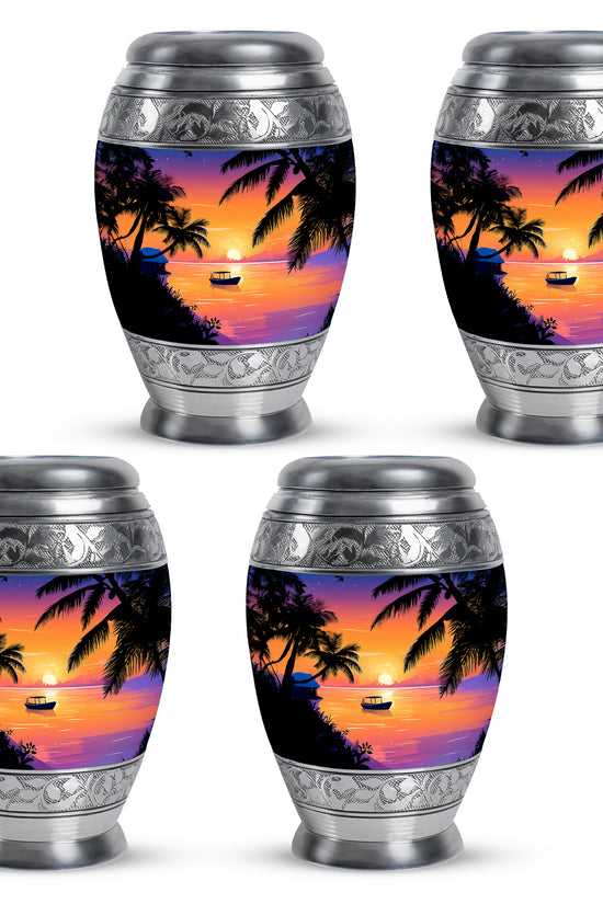 Salmon Pink Beach Cremation Urn urn with complimentary velvet bag - royal beach engraving with decorative scrollwork - 10 inch aluminum urn for cremated remains