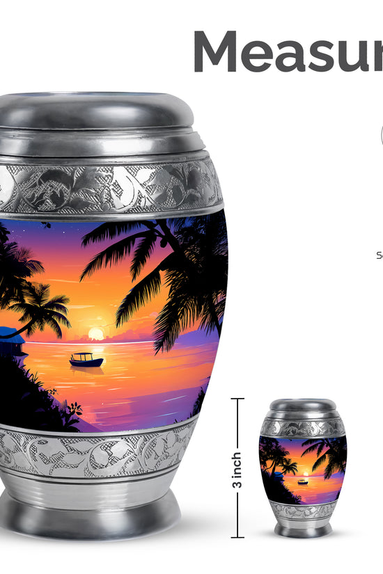Salmon Pink Beach Cremation Urn lifestyle display on memorial shelf - royal beach engraving with decorative scrollwork - mini keepsake memorial for portion of cremation ashes