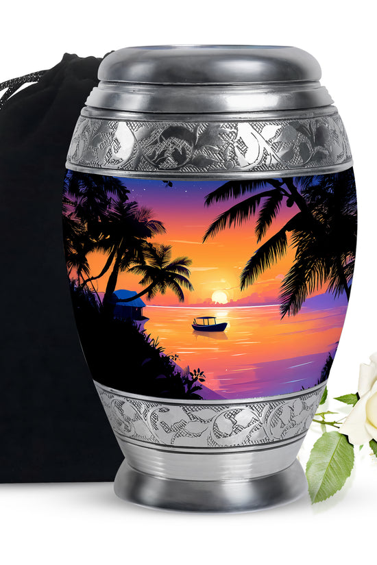 Dusty Pink Beach Cremation Urn back view with polished surface - royal beach engraving with decorative scrollwork - full-size 10 inch 200 cubic inch adult cremation urn