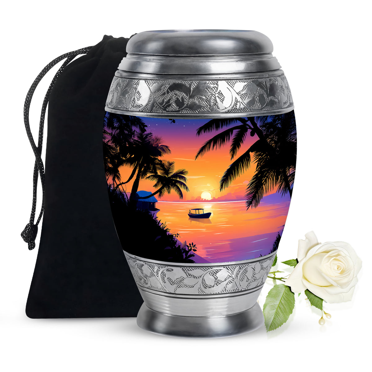 Dusty Pink Beach Cremation Urn back view with polished surface - royal beach engraving with decorative scrollwork - full-size 10 inch 200 cubic inch adult cremation urn