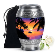 Dusty Pink Beach Cremation Urn back view with polished surface - royal beach engraving with decorative scrollwork - full-size 10 inch 200 cubic inch adult cremation urn