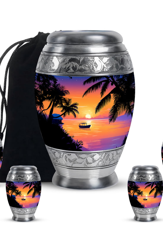 Vintage Pink Beach Cremation Urn detail view - majestic beach pattern with filigree border - memorial set with one large and four small urns