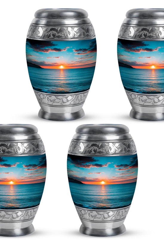 Tropical Teal Beach Cremation Urn urn with complimentary velvet bag - majestic beach pattern with filigree border - 10 inch aluminum urn for cremated remains