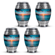 Tropical Teal Beach Cremation Urn urn with complimentary velvet bag - majestic beach pattern with filigree border - 10 inch aluminum urn for cremated remains