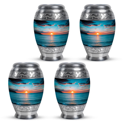 Tropical Teal Beach Cremation Urn urn with complimentary velvet bag - majestic beach pattern with filigree border - 10 inch aluminum urn for cremated remains