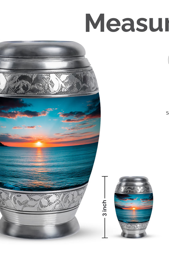 Tropical Teal Beach Cremation Urn lifestyle display on memorial shelf - majestic beach pattern with filigree border - mini keepsake memorial for portion of cremation ashes