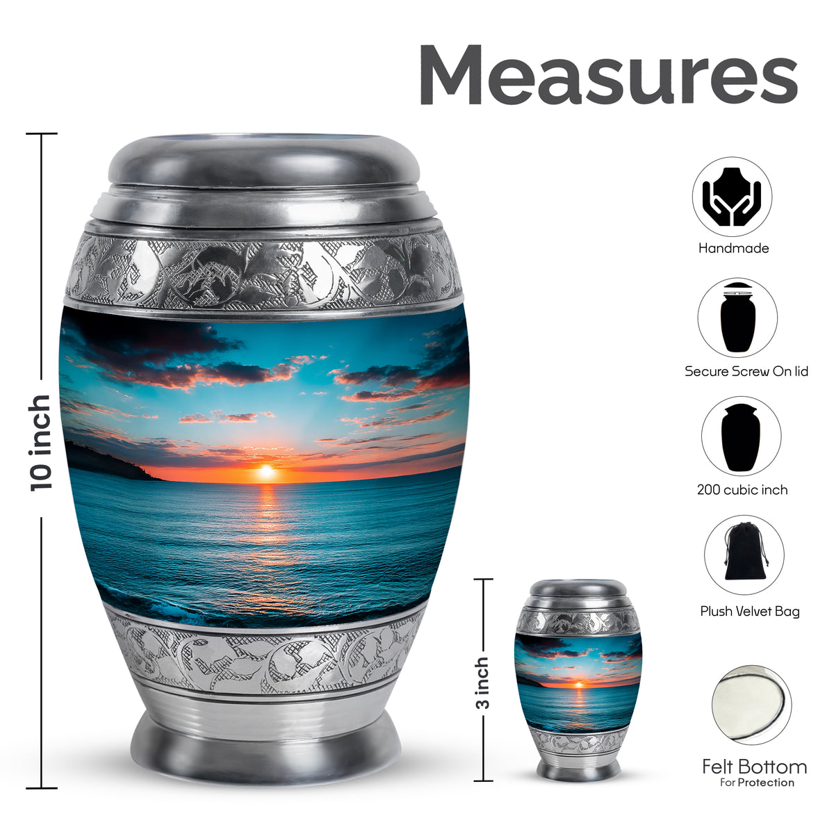 Tropical Teal Beach Cremation Urn lifestyle display on memorial shelf - majestic beach pattern with filigree border - mini keepsake memorial for portion of cremation ashes