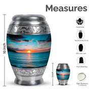 Tropical Teal Beach Cremation Urn lifestyle display on memorial shelf - majestic beach pattern with filigree border - mini keepsake memorial for portion of cremation ashes