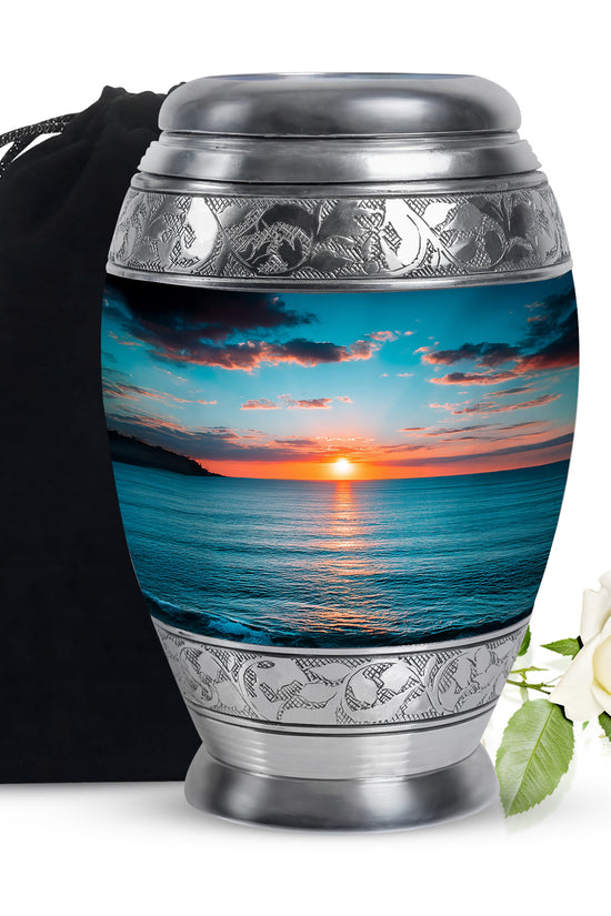 Tropical Teal Beach Cremation Urn back view with polished surface - royal beach engraving with decorative scrollwork - full-size 10 inch 200 cubic inch adult cremation urn