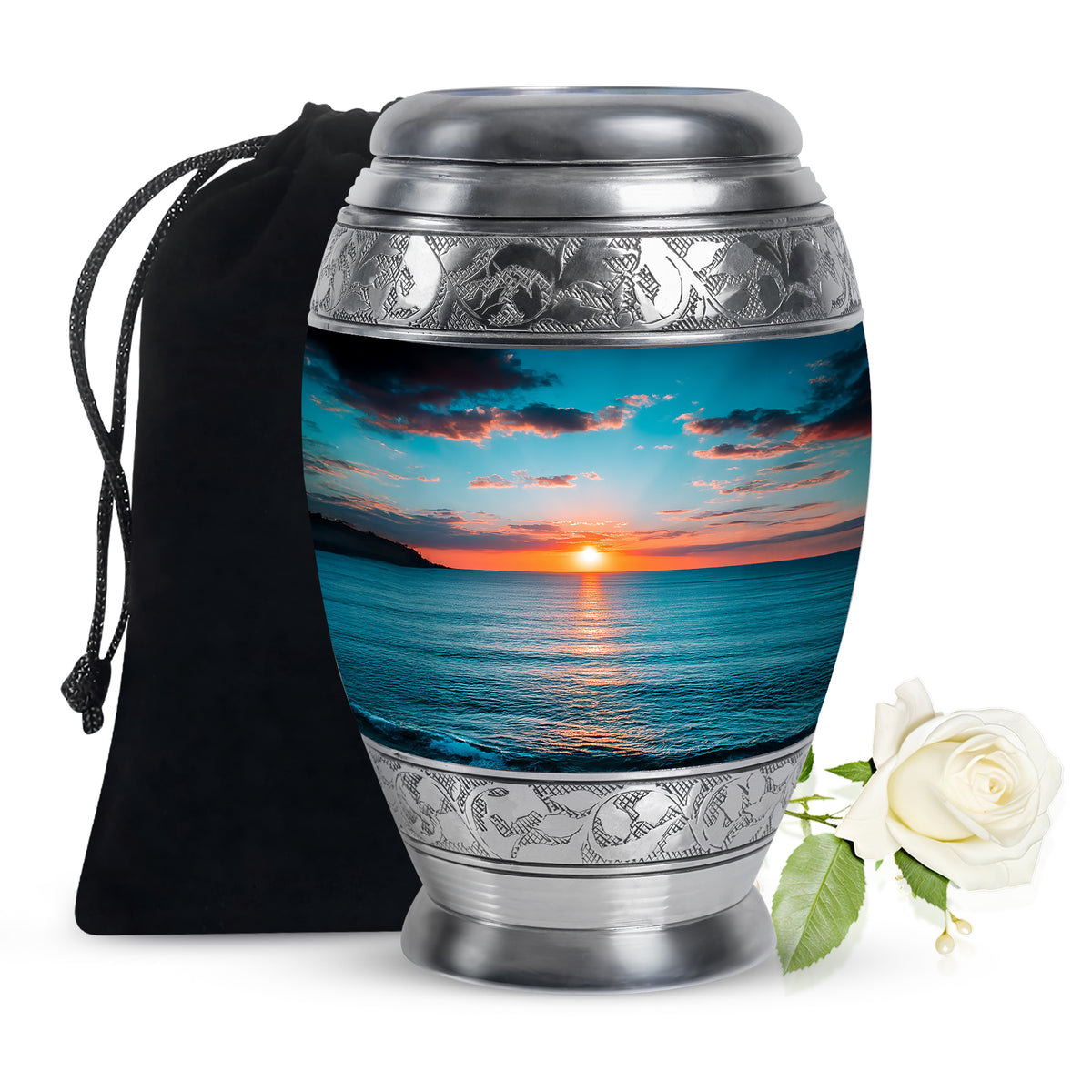 Tropical Teal Beach Cremation Urn back view with polished surface - royal beach engraving with decorative scrollwork - full-size 10 inch 200 cubic inch adult cremation urn