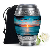 Tropical Teal Beach Cremation Urn back view with polished surface - royal beach engraving with decorative scrollwork - full-size 10 inch 200 cubic inch adult cremation urn