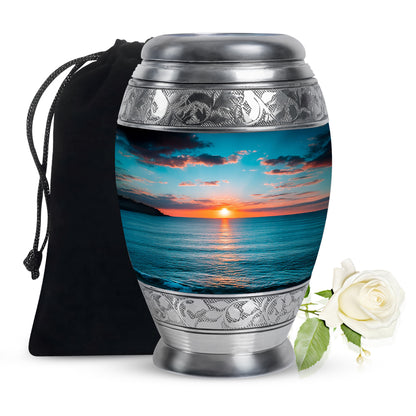 Tropical Teal Beach Cremation Urn back view with polished surface - royal beach engraving with decorative scrollwork - full-size 10 inch 200 cubic inch adult cremation urn