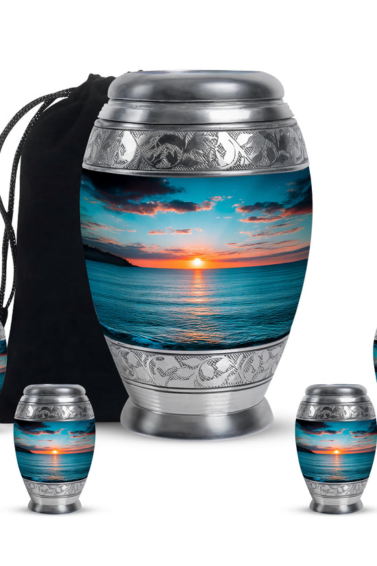 Soft Teal Beach Cremation Urn detail view - regal beach design with crown-inspired accents - memorial set with one large and four small urns