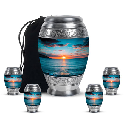 Soft Teal Beach Cremation Urn detail view - regal beach design with crown-inspired accents - memorial set with one large and four small urns