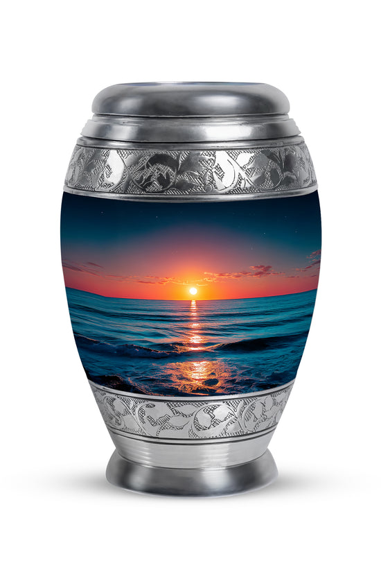 Inspiring Blue Beach Commemoration Urn for Human Ashes - 10-inch, 200 cu in - Yatskia