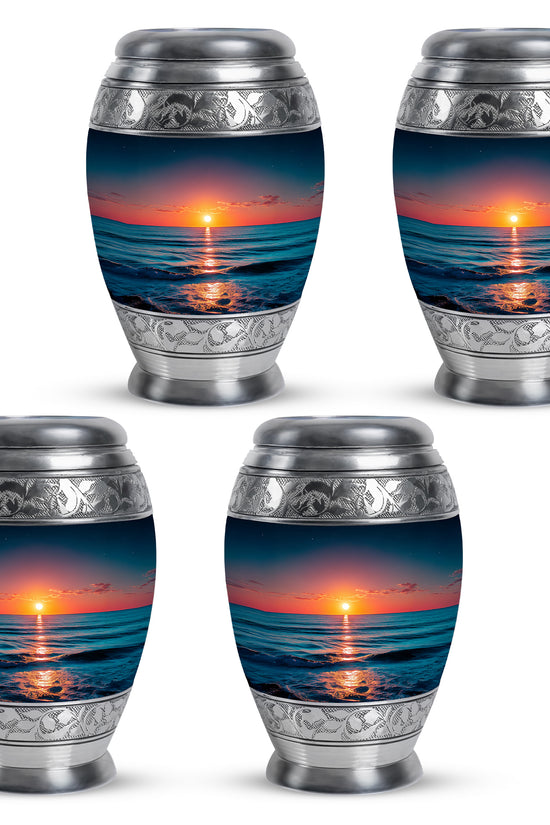 Twilight Blue Beach Cremation Urn urn with complimentary velvet bag - majestic beach pattern with filigree border - 10 inch aluminum urn for cremated remains