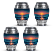 Twilight Blue Beach Cremation Urn urn with complimentary velvet bag - majestic beach pattern with filigree border - 10 inch aluminum urn for cremated remains