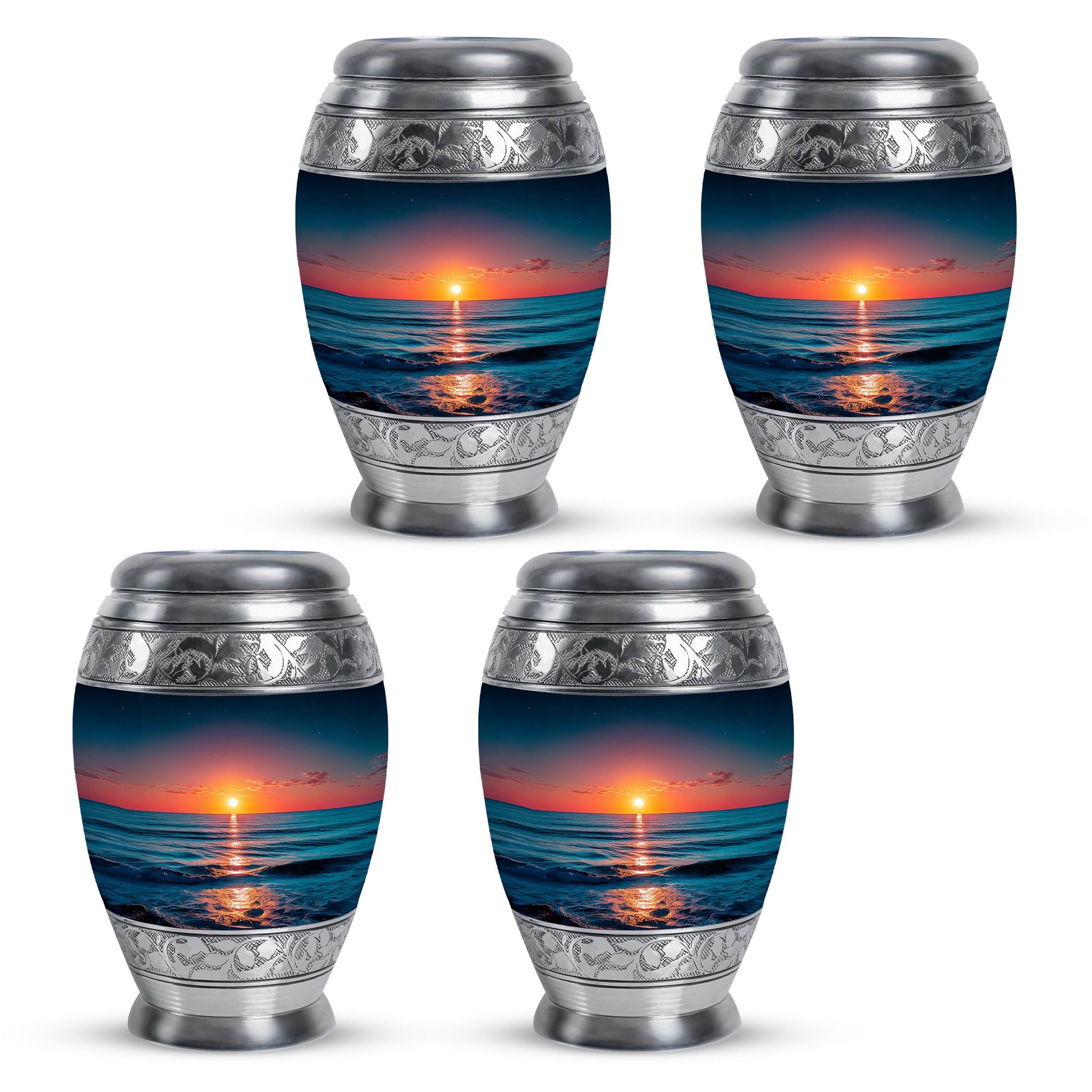 Twilight Blue Beach Cremation Urn urn with complimentary velvet bag - majestic beach pattern with filigree border - 10 inch aluminum urn for cremated remains