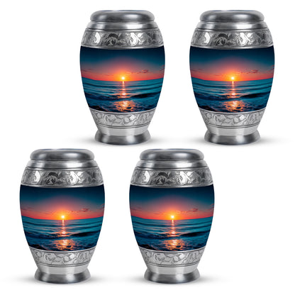 Twilight Blue Beach Cremation Urn urn with complimentary velvet bag - majestic beach pattern with filigree border - 10 inch aluminum urn for cremated remains