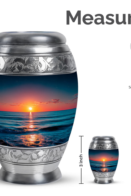 Royal Blue Beach Cremation Urn lifestyle display on memorial shelf - majestic beach pattern with filigree border - mini keepsake memorial for portion of cremation ashes