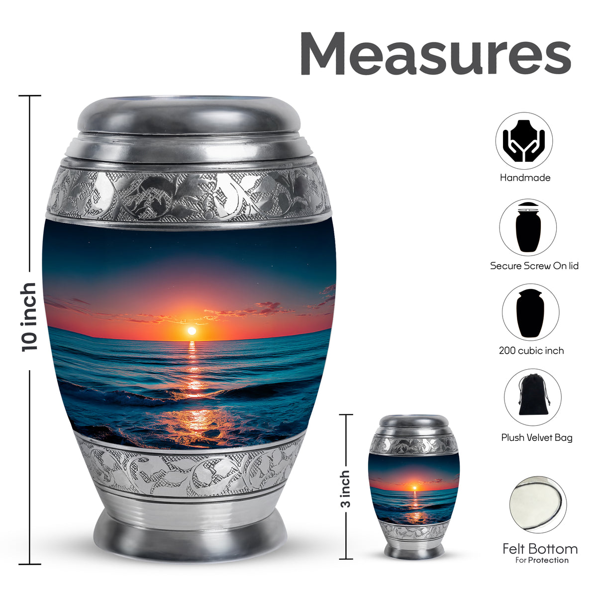 Royal Blue Beach Cremation Urn lifestyle display on memorial shelf - majestic beach pattern with filigree border - mini keepsake memorial for portion of cremation ashes