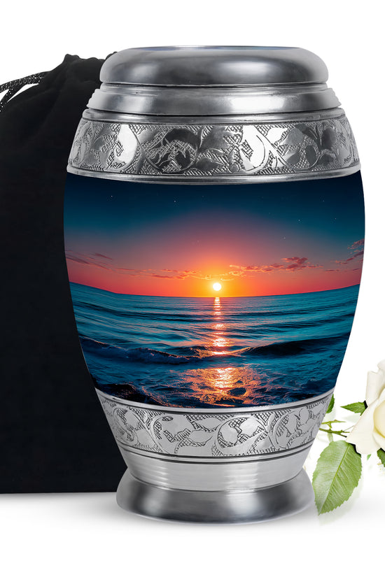 Royal Blue Beach Cremation Urn back view with polished surface - majestic beach pattern with filigree border - full-size 10 inch 200 cubic inch adult cremation urn