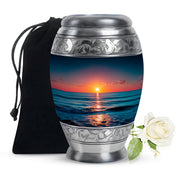 Royal Blue Beach Cremation Urn back view with polished surface - majestic beach pattern with filigree border - full-size 10 inch 200 cubic inch adult cremation urn