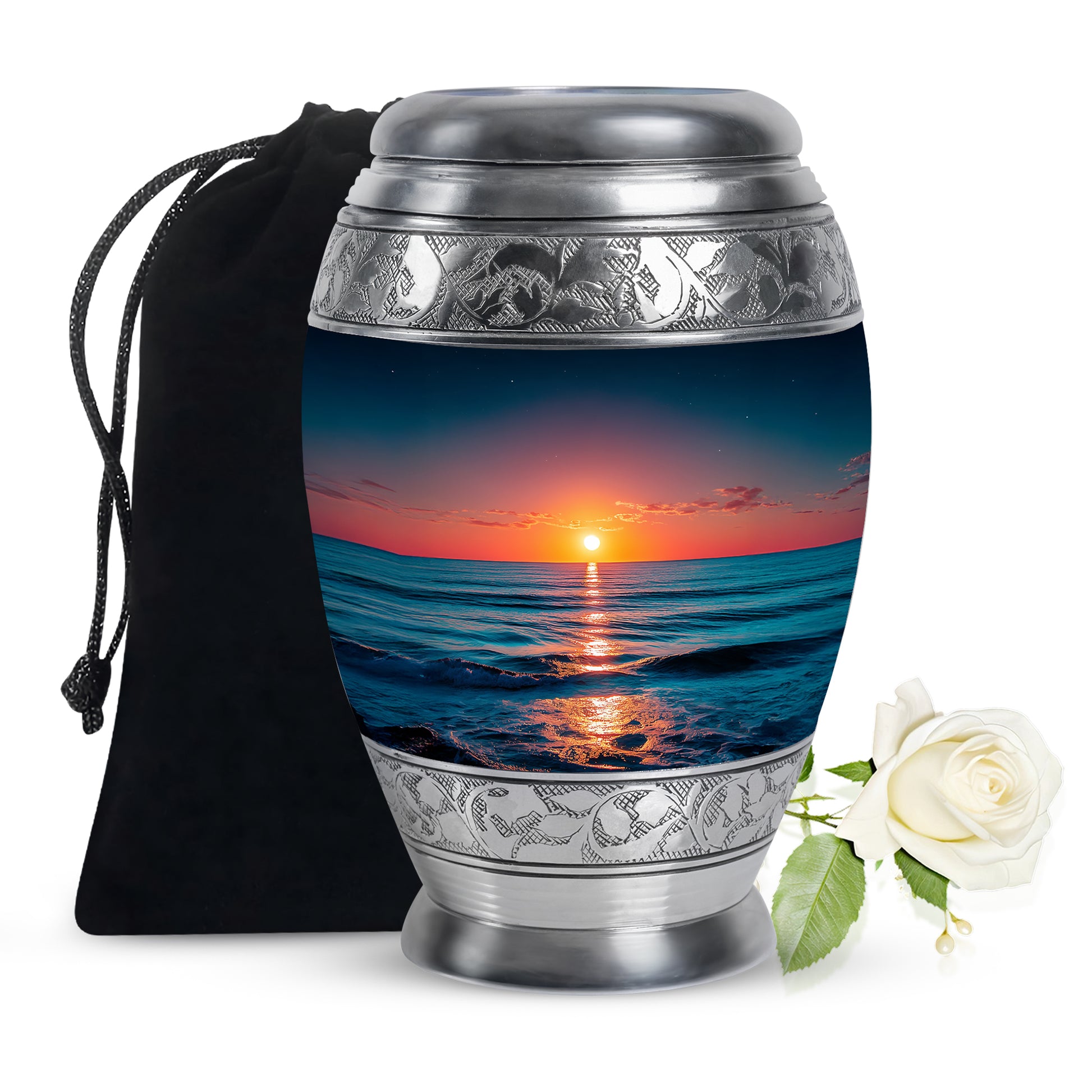 Royal Blue Beach Cremation Urn back view with polished surface - majestic beach pattern with filigree border - full-size 10 inch 200 cubic inch adult cremation urn