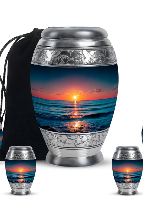 Serene Blue Beach Cremation Urn detail view - royal beach engraving with decorative scrollwork - memorial set with one large and four small urns