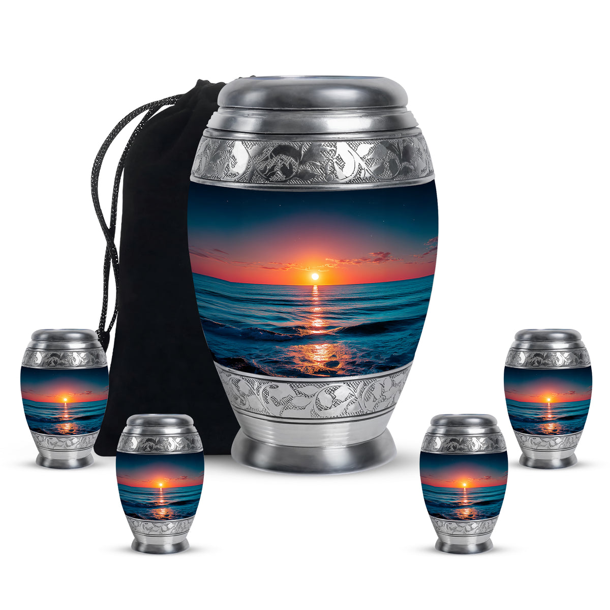 Serene Blue Beach Cremation Urn detail view - royal beach engraving with decorative scrollwork - memorial set with one large and four small urns