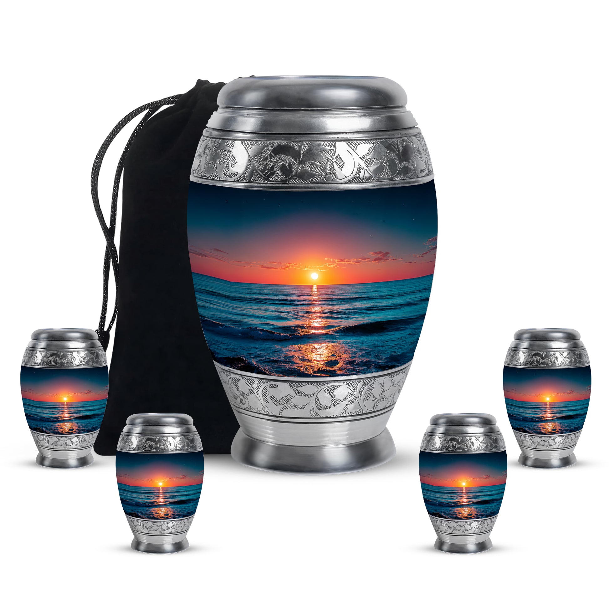 Serene Blue Beach Cremation Urn detail view - royal beach engraving with decorative scrollwork - memorial set with one large and four small urns