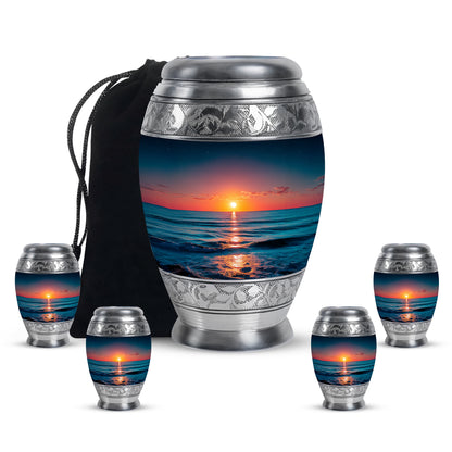 Serene Blue Beach Cremation Urn detail view - royal beach engraving with decorative scrollwork - memorial set with one large and four small urns