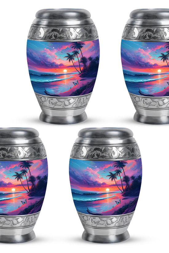 Serene Blue Beach Cremation Urn urn with complimentary velvet bag - royal beach engraving with decorative scrollwork - 10 inch aluminum urn for cremated remains