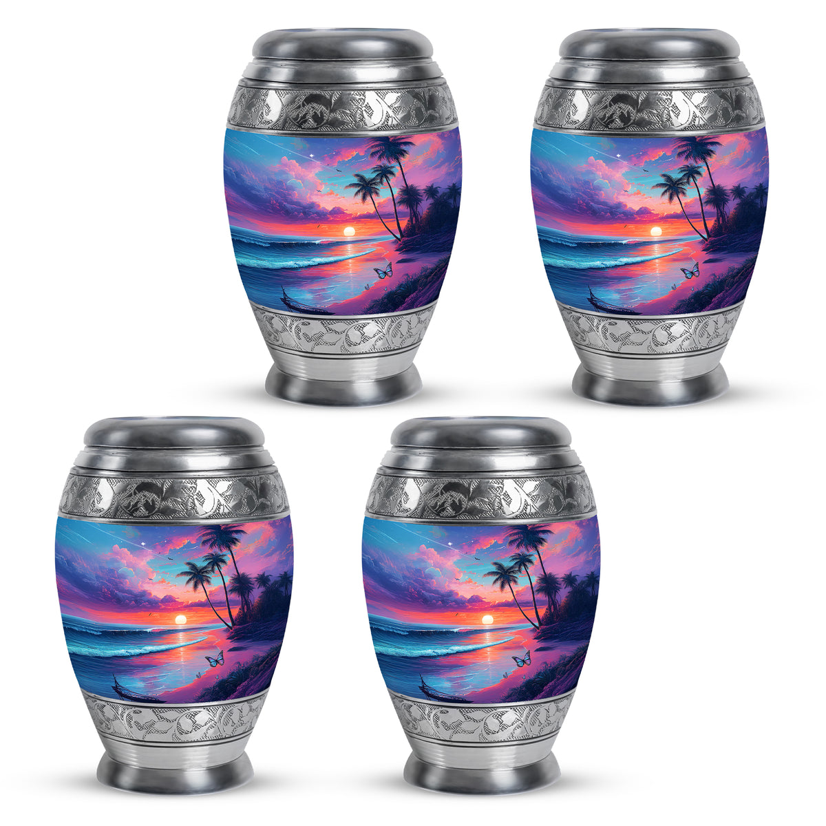 Serene Blue Beach Cremation Urn urn with complimentary velvet bag - royal beach engraving with decorative scrollwork - 10 inch aluminum urn for cremated remains