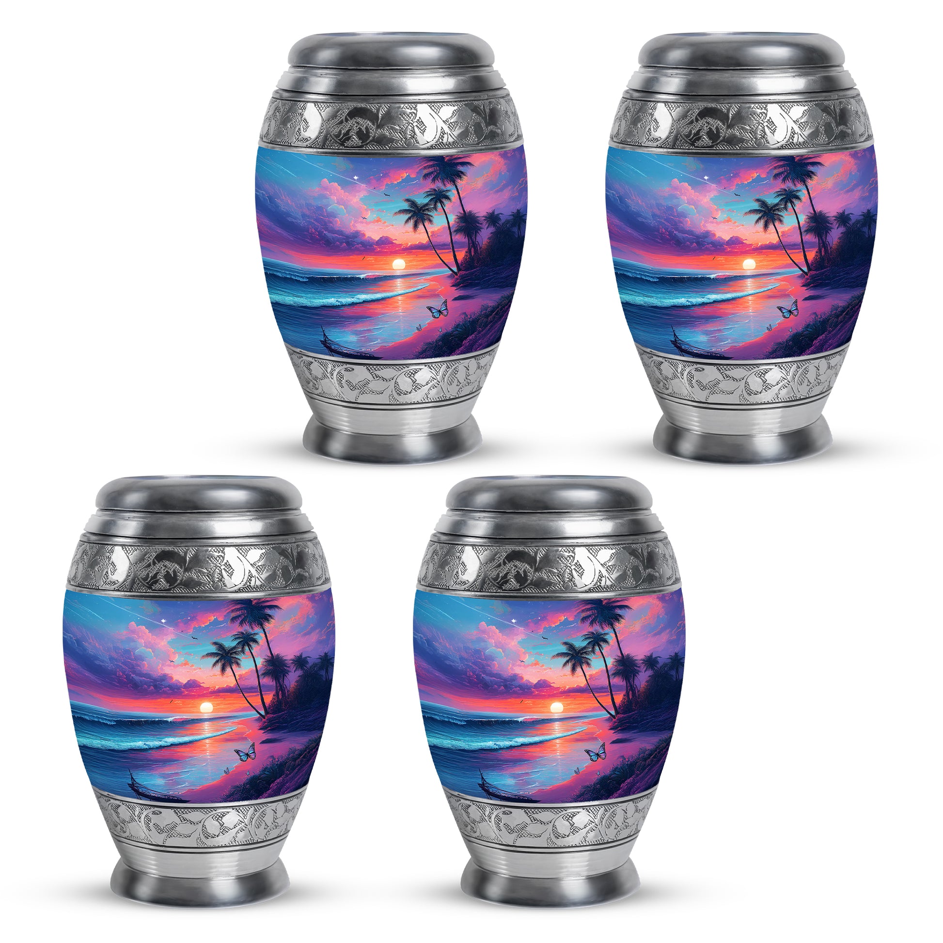 Serene Blue Beach Cremation Urn urn with complimentary velvet bag - royal beach engraving with decorative scrollwork - 10 inch aluminum urn for cremated remains
