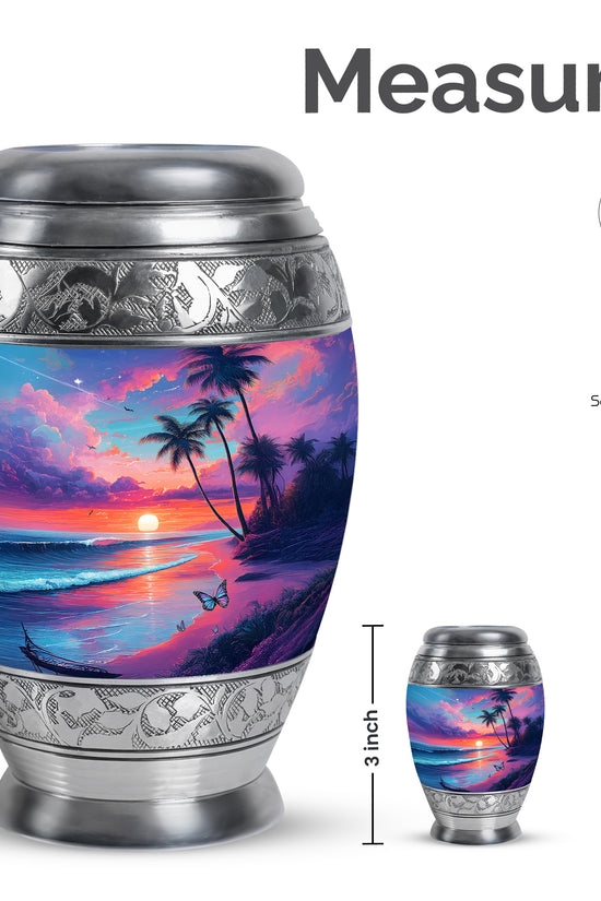 Slate Blue Beach Cremation Urn lifestyle display on memorial shelf - regal beach design with crown-inspired accents - mini keepsake memorial for portion of cremation ashes