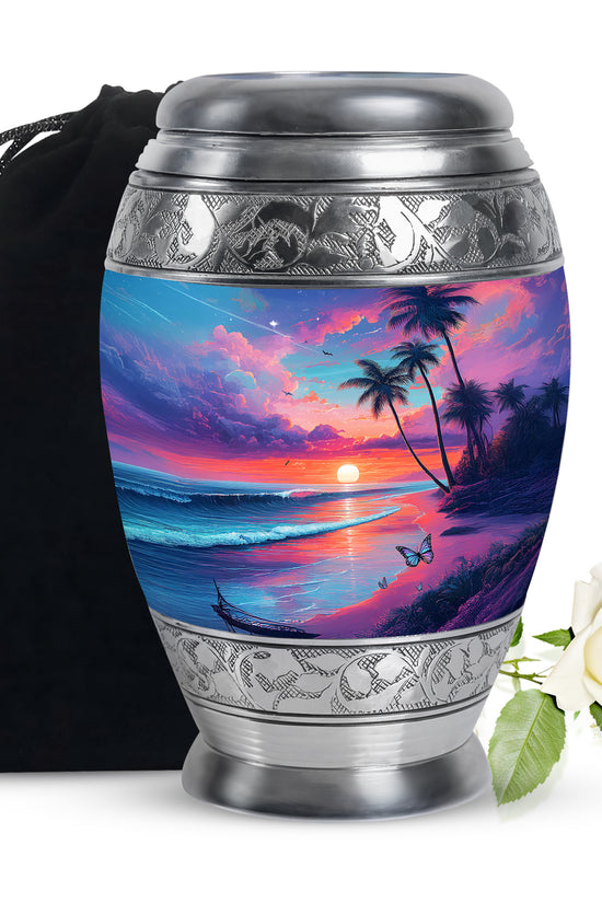 Cornflower Blue Beach Cremation Urn back view with polished surface - royal beach engraving with decorative scrollwork - full-size 10 inch 200 cubic inch adult cremation urn
