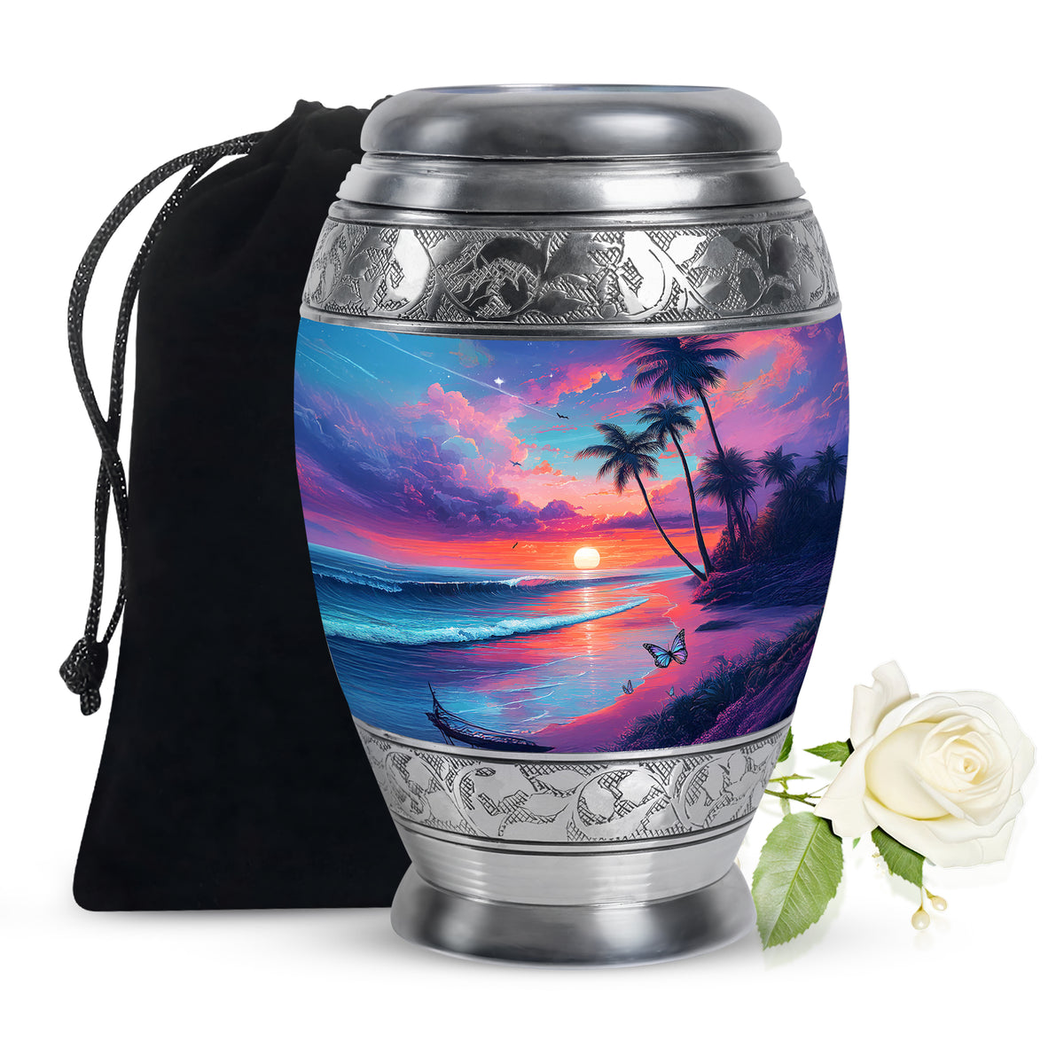 Cornflower Blue Beach Cremation Urn back view with polished surface - royal beach engraving with decorative scrollwork - full-size 10 inch 200 cubic inch adult cremation urn