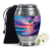 Cornflower Blue Beach Cremation Urn back view with polished surface - royal beach engraving with decorative scrollwork - full-size 10 inch 200 cubic inch adult cremation urn