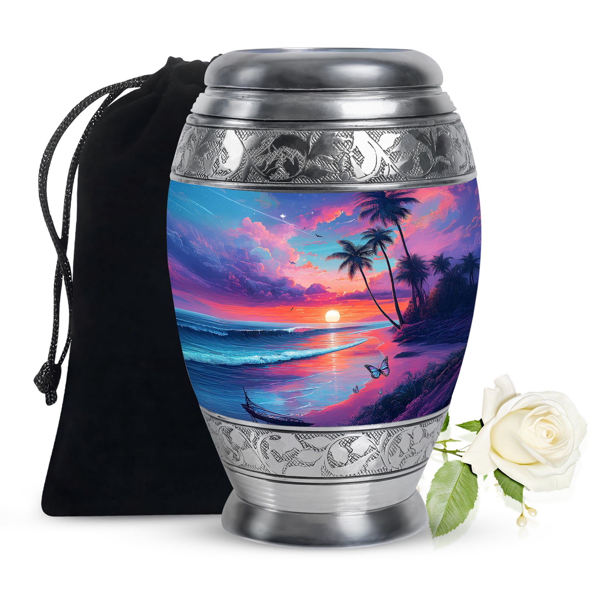 Cornflower Blue Beach Cremation Urn back view with polished surface - royal beach engraving with decorative scrollwork - full-size 10 inch 200 cubic inch adult cremation urn