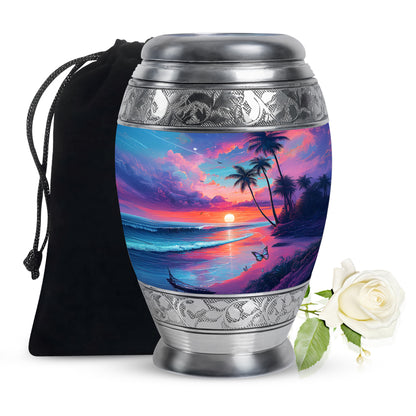 Cornflower Blue Beach Cremation Urn back view with polished surface - royal beach engraving with decorative scrollwork - full-size 10 inch 200 cubic inch adult cremation urn