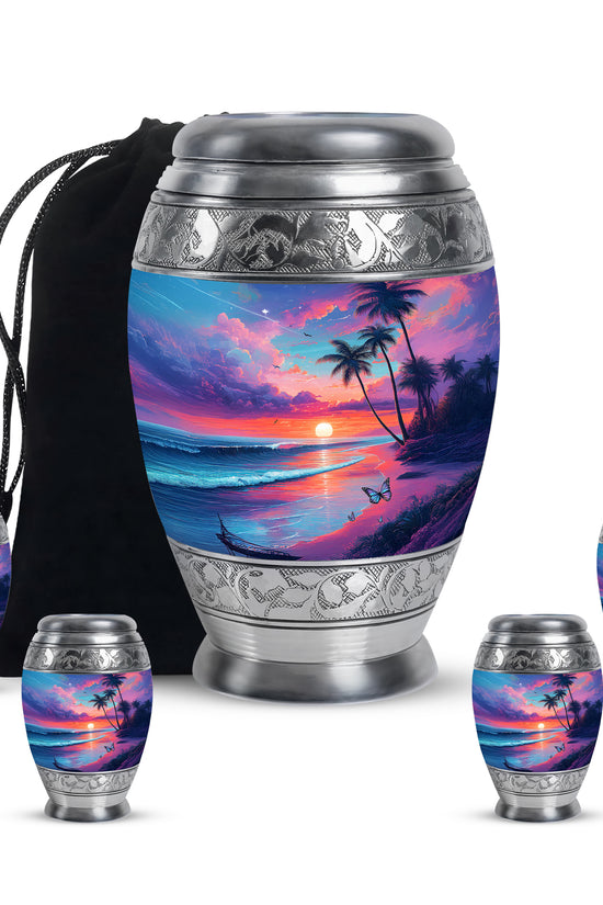 Icy Blue Beach Cremation Urn detail view - regal beach design with crown-inspired accents - memorial set with one large and four small urns