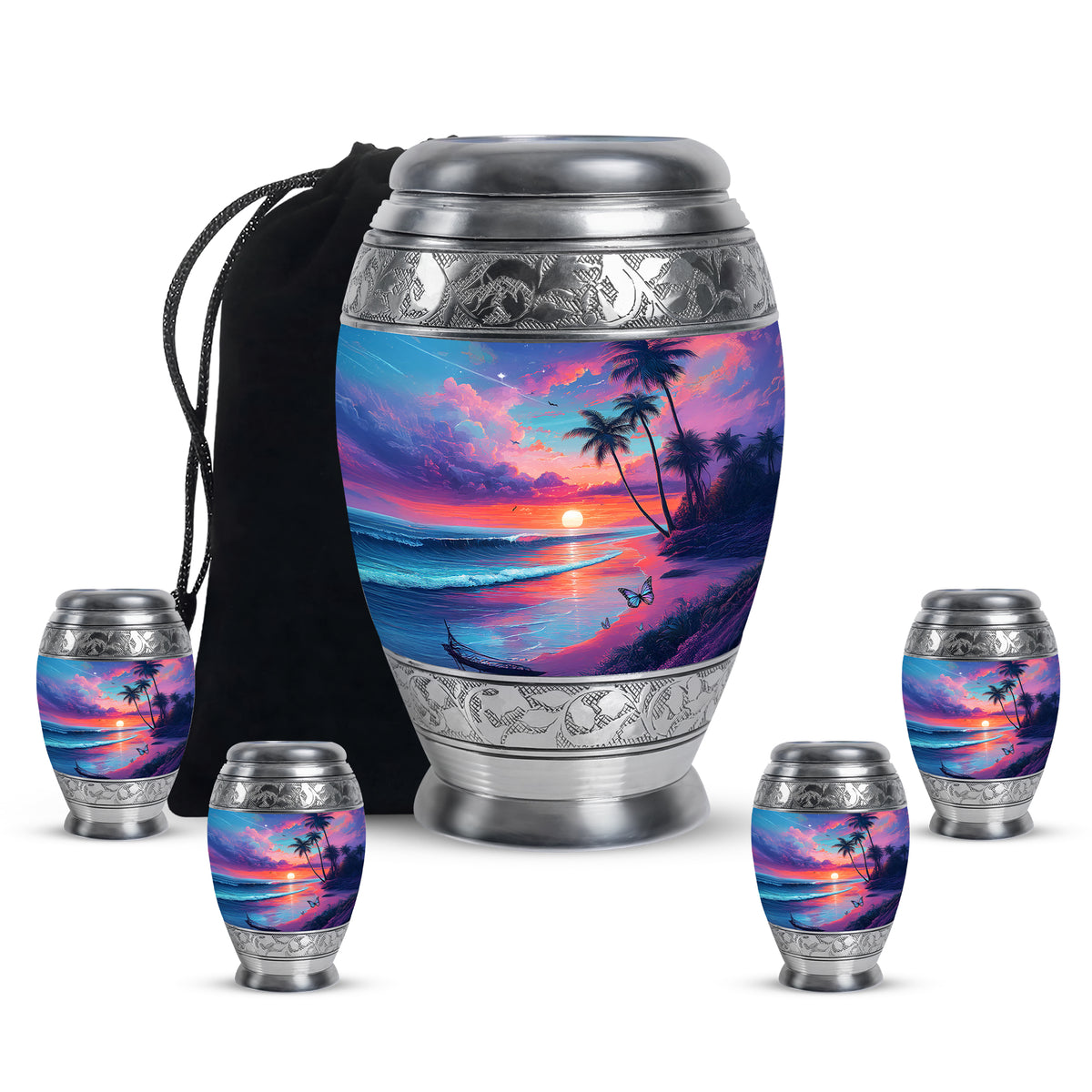 Icy Blue Beach Cremation Urn detail view - regal beach design with crown-inspired accents - memorial set with one large and four small urns