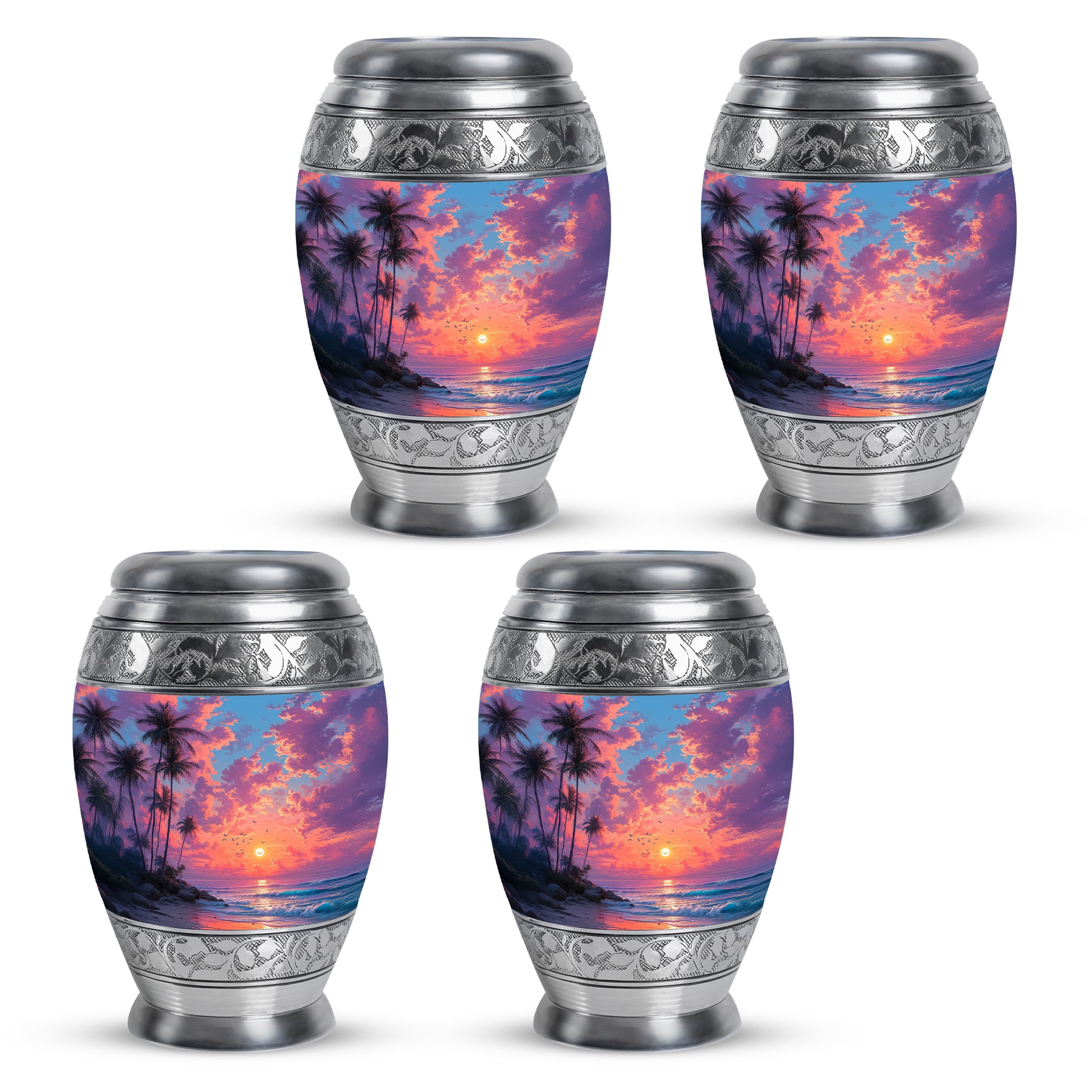 Royal Blue Beach Cremation Urn urn with complimentary velvet bag - royal beach engraving with decorative scrollwork - 10 inch aluminum urn for cremated remains