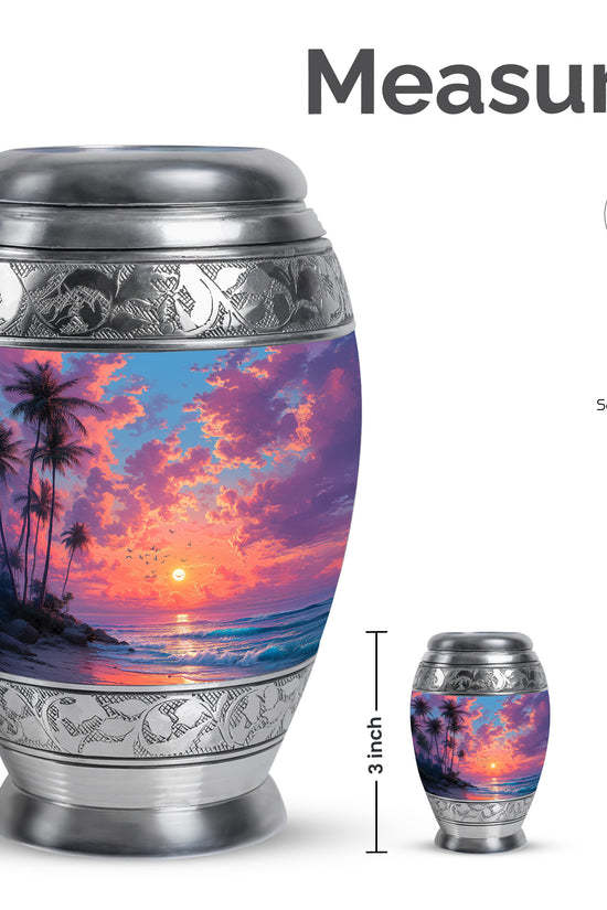 Vivid Blue Beach Cremation Urn lifestyle display on memorial shelf - majestic beach pattern with filigree border - mini keepsake memorial for portion of cremation ashes