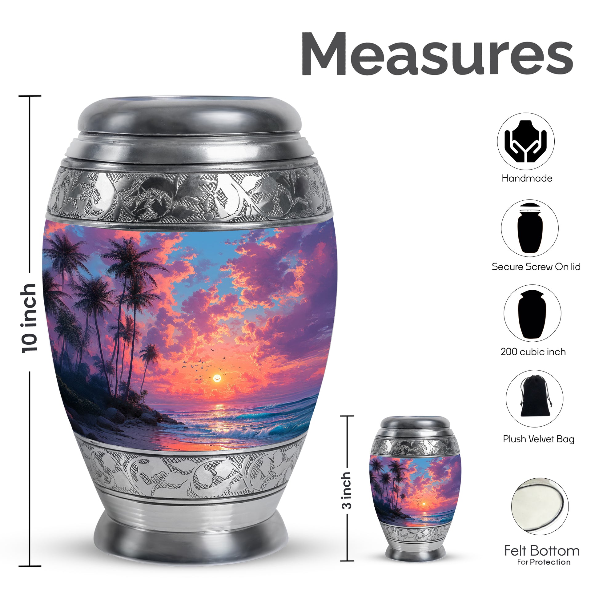 Vivid Blue Beach Cremation Urn lifestyle display on memorial shelf - majestic beach pattern with filigree border - mini keepsake memorial for portion of cremation ashes