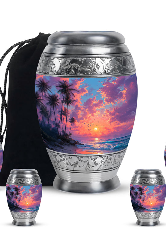Twilight Blue Beach Cremation Urn detail view - royal beach engraving with decorative scrollwork - memorial set with one large and four small urns
