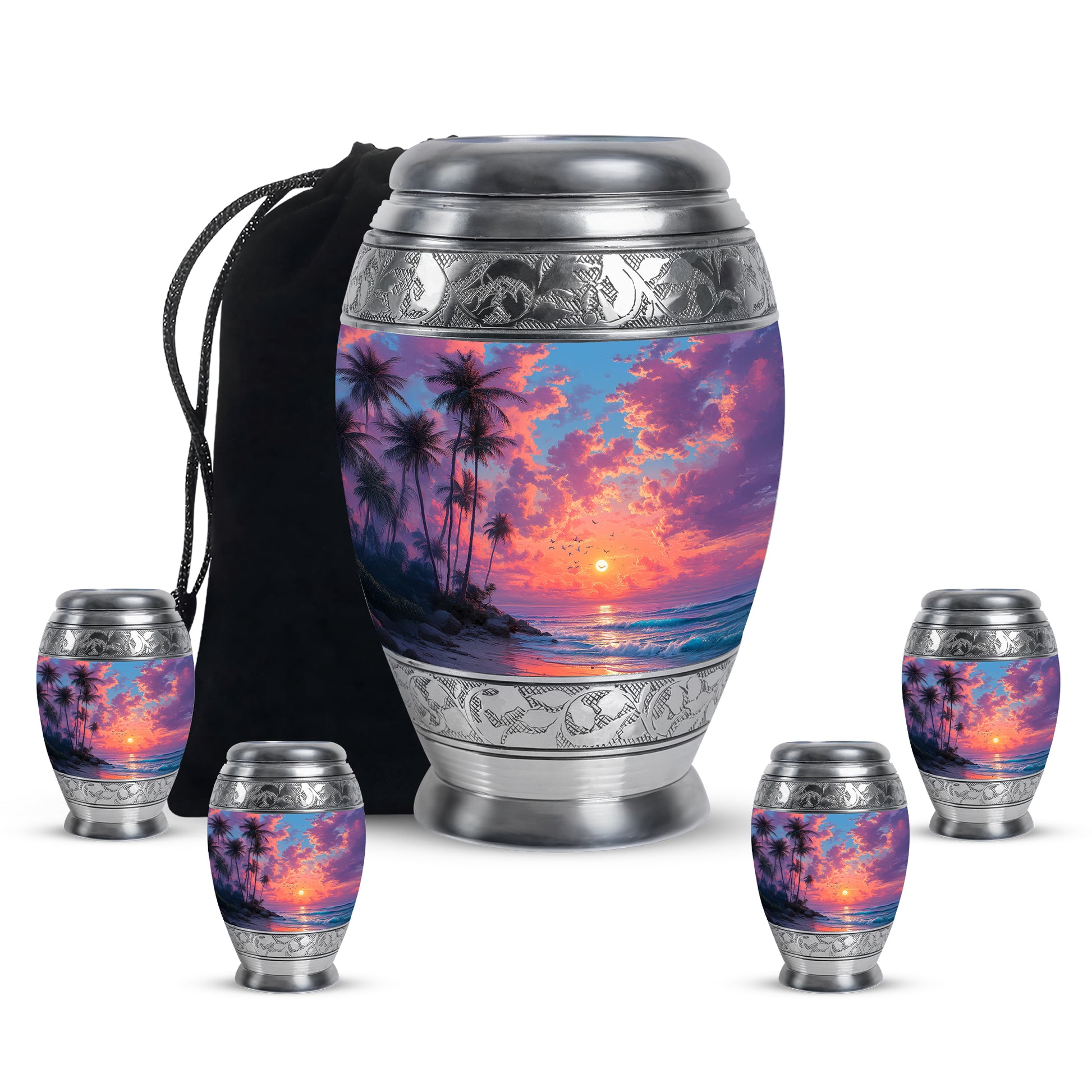 Twilight Blue Beach Cremation Urn detail view - royal beach engraving with decorative scrollwork - memorial set with one large and four small urns