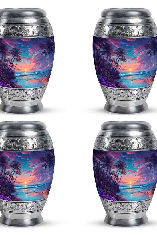 Soft Blue Beach Cremation Urn urn with complimentary velvet bag - majestic beach pattern with filigree border - 10 inch aluminum urn for cremated remains